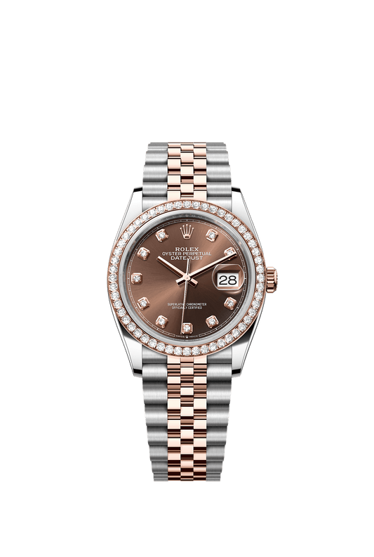 ساعة Datejust 36 مقاس 36 مم من الفولاذ Oystersteel والذهب الوردي Everose، ميناء بلون الشوكولاتة مرصع بالألماس، سوار جوبيلي، ذاتية التعبئة