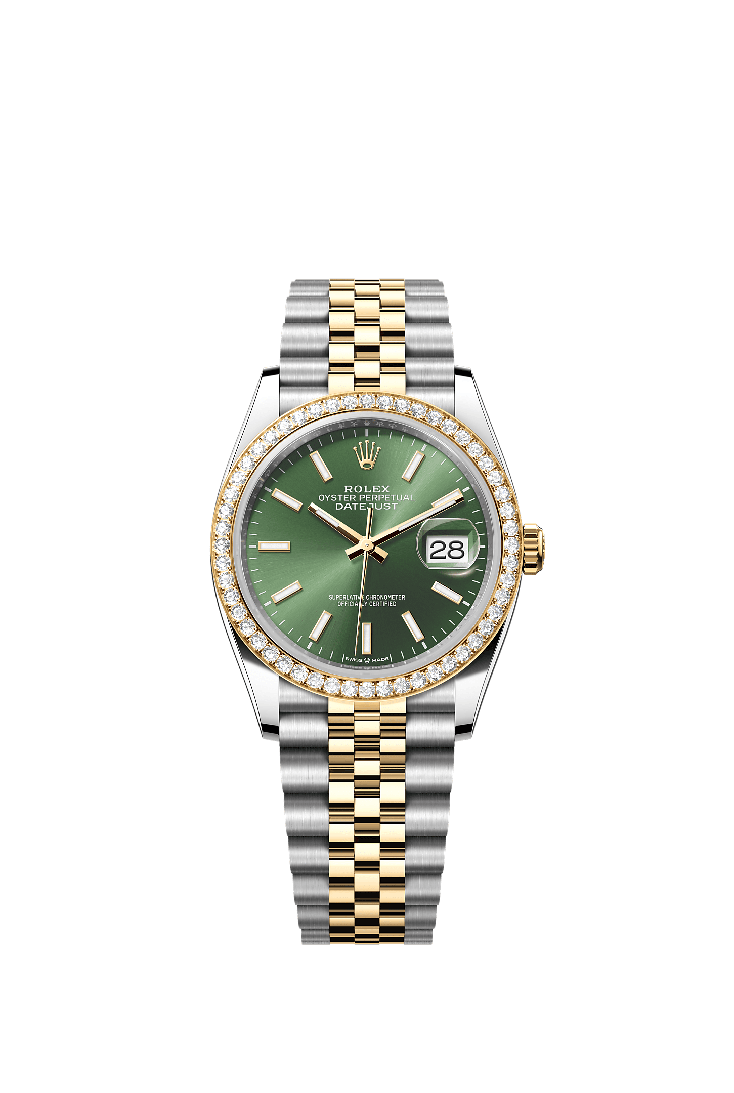Datejust 36 Oystersteel Yellow Gold Olive Green Diamond Dial Diamond Bezel Jubilee Bracelet 36mm Self-Winding Watch