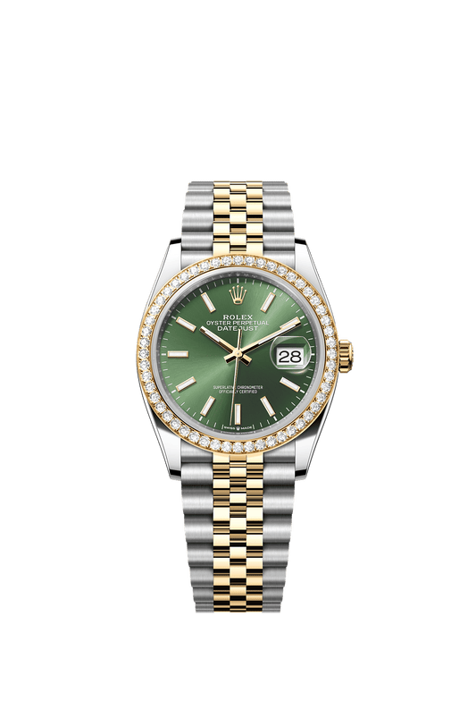 ساعة Datejust 36 بقطر 36 مم من الـ Oystersteel والذهب الأصفر، ميناء أخضر زيتوني مرصع بالألماس، وسوار Jubilee، ذاتية التعبئة