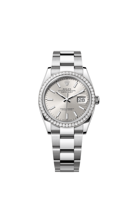 ساعة Datejust 36 مقاس 36 مم من الـ Oystersteel والذهب الأبيض، بميناء فضي مرصع بالألماس وسوار Oyster، ذاتية التعبئة