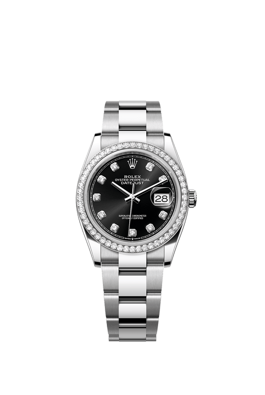 ساعة Datejust 36 بقطر 36 مم من Oystersteel والذهب الأبيض، ميناء أسود براق مرصع بالألماس، سوار Oyster، ذاتية التعبئة