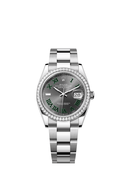 ساعة Datejust 36 بقطر 36 مم من الفولاذ Oystersteel والذهب الأبيض، ميناء رمادي مرصع بالألماس، إطار مرصع بالألماس، وسوار Oyster، ذاتية التعبئة
