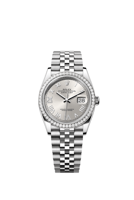 Datejust 36 Oyster Perpetual Chronometer Watch 36mm Oystersteel White Gold Diamond Bezel Silver Diamond Dial Jubilee Bracelet