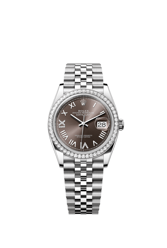 ساعة Datejust 36 بقطر 36 مم من الـ Oystersteel والذهب الأبيض، ميناء رمادي داكن مرصع بالألماس، وسوار Jubilee، ذاتية التعبئة