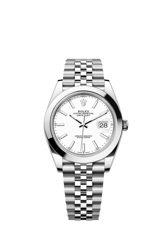 ساعة Datejust 41 بقطر 41 مم من الفولاذ Oystersteel، ميناء أبيض، إطار أملس، وسوار Jubilee، ذاتية التعبئة
