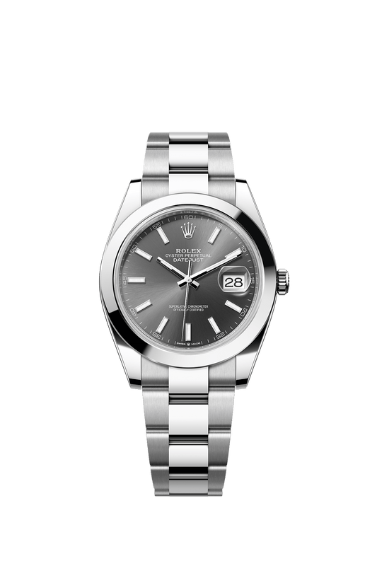 ساعة Datejust 41 بقطر 41 مم من الفولاذ Oystersteel، ميناء رمادي، إطار أملس، وسوار Oyster، ذاتية التعبئة