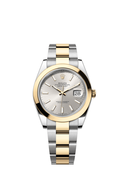 ساعة Datejust 41 بقطر 41 مم من الستيل والأصفر الذهبي، ميناء فضي وسوار أويستر، ذاتية التعبئة