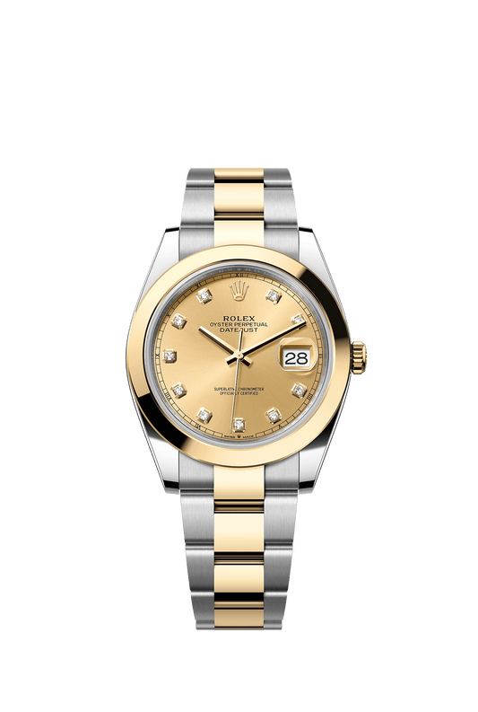 ساعة Datejust 41 بقطر 41 مم من الستيل والأصفر الذهبي، ميناء بلون الشمبانيا مرصع بالألماس، مع سوار أويستر وحركة ذاتية التعبئة
