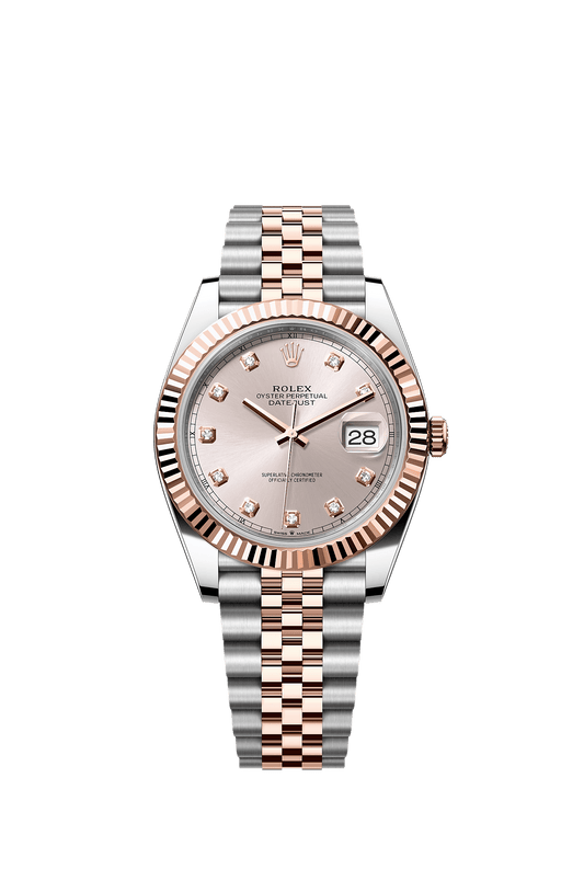 ساعة Datejust 41 مقاس 41 مم من الفولاذ Oystersteel والذهب الوردي Everose، ميناء بلون Sundust مرصع بالألماس، وسوار جوبيلي، ذاتية التعبئة