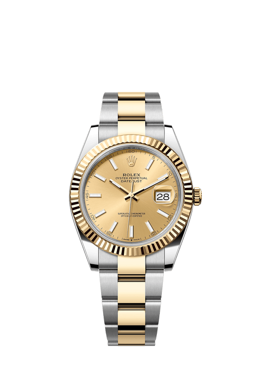 ساعة Datejust 41 بقطر 41 مم من الـ Oystersteel والذهب الأصفر، مع ميناء بلون الشمبانيا بلمسة أشعة الشمس وسوار Oyster، ذاتية التعبئة.