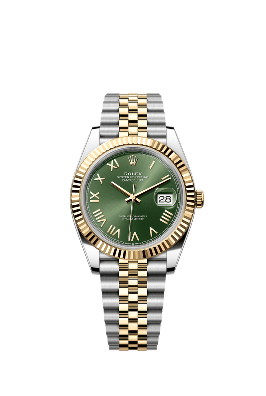 ساعة Datejust 41 بقطر 41 مم من الفولاذ Oystersteel والذهب الأصفر، تتميز بميناء أخضر زيتوني وسوار Jubilee وتعمل بحركة ذاتية التعبئة