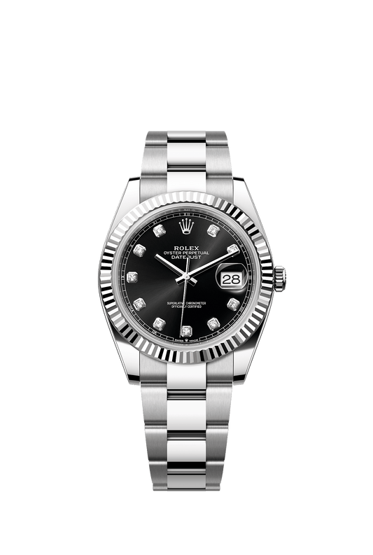 ساعة Datejust 41 مقاس 41 مم من الـ Oystersteel والذهب الأبيض، بميناء أسود براق مرصع بالألماس وسوار Oyster، ذاتية التعبئة
