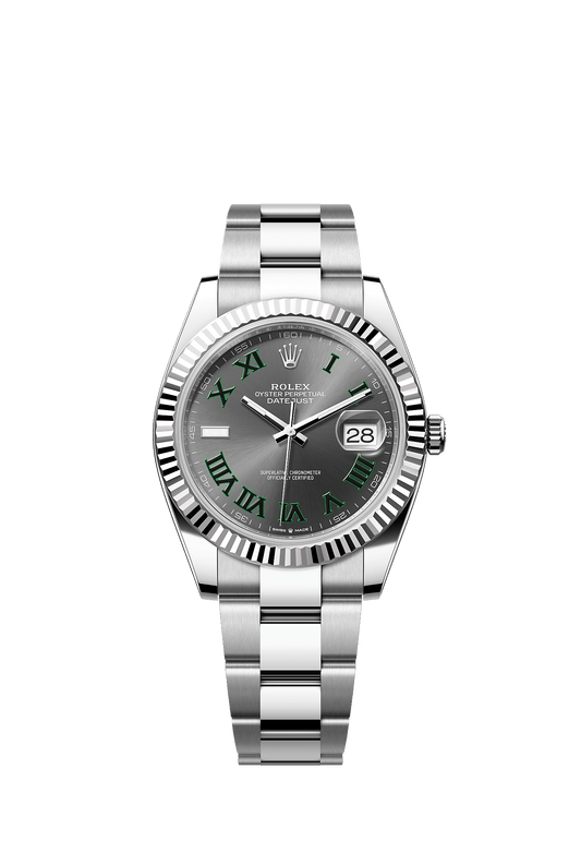 ساعة Datejust 41 بقطر 41 مم من الفولاذ Oystersteel والذهب الأبيض، بميناء رمادي وسوار Oyster ذاتية التعبئة