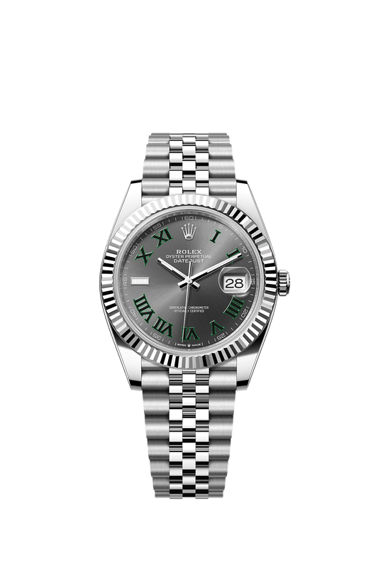 ساعة Datejust 41 مقاس 41 مم من الستيل Oystersteel والذهب الأبيض، بميناء رمادي وسوار جوبيلي ذاتية التعبئة
