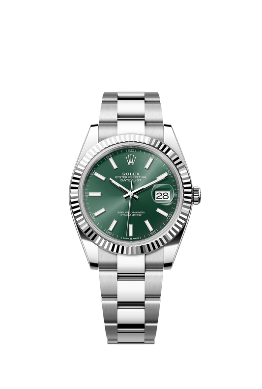 ساعة Datejust 41 مقاس 41 مم من الفولاذ Oystersteel والذهب الأبيض، ميناء أخضر بنمط أشعة الشمس، إطار مخدد، سوار Oyster، حركة ذاتية التعبئة
