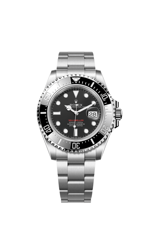 ساعة Sea-Dweller بقطر 43 مم من فولاذ Oystersteel، ميناء أسود داكن، إطار Cerachrom، وسوار Oyster، ذاتية التعبئة