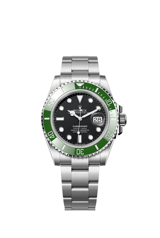 ساعة Submariner Date مقاس 41 مم من فولاذ Oystersteel، ميناء أسود، إطار Cerachrom أخضر، وسوار Oyster، ذاتية التعبئة