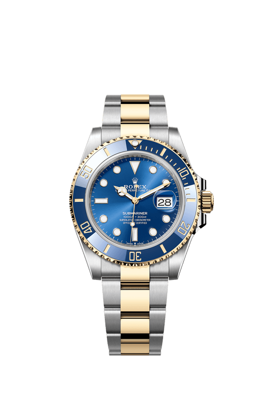 ساعة Submariner Date مقاس 41 مم من فولاذ Oystersteel والذهب الأصفر، بميناء أزرق ملكي، وإطار سيراميك أزرق، وسوار Oyster، وحركة ذاتية التعبئة