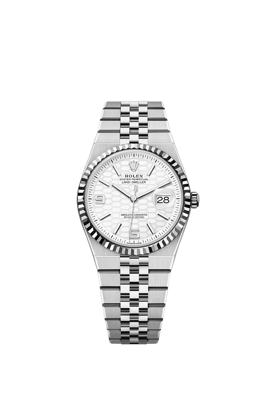 Land-Dweller 36 Oystersteel White Gold Intense White Honeycomb Dial Fluted Bezel Flat Jubilee Bracelet 36mm Automatic Watch