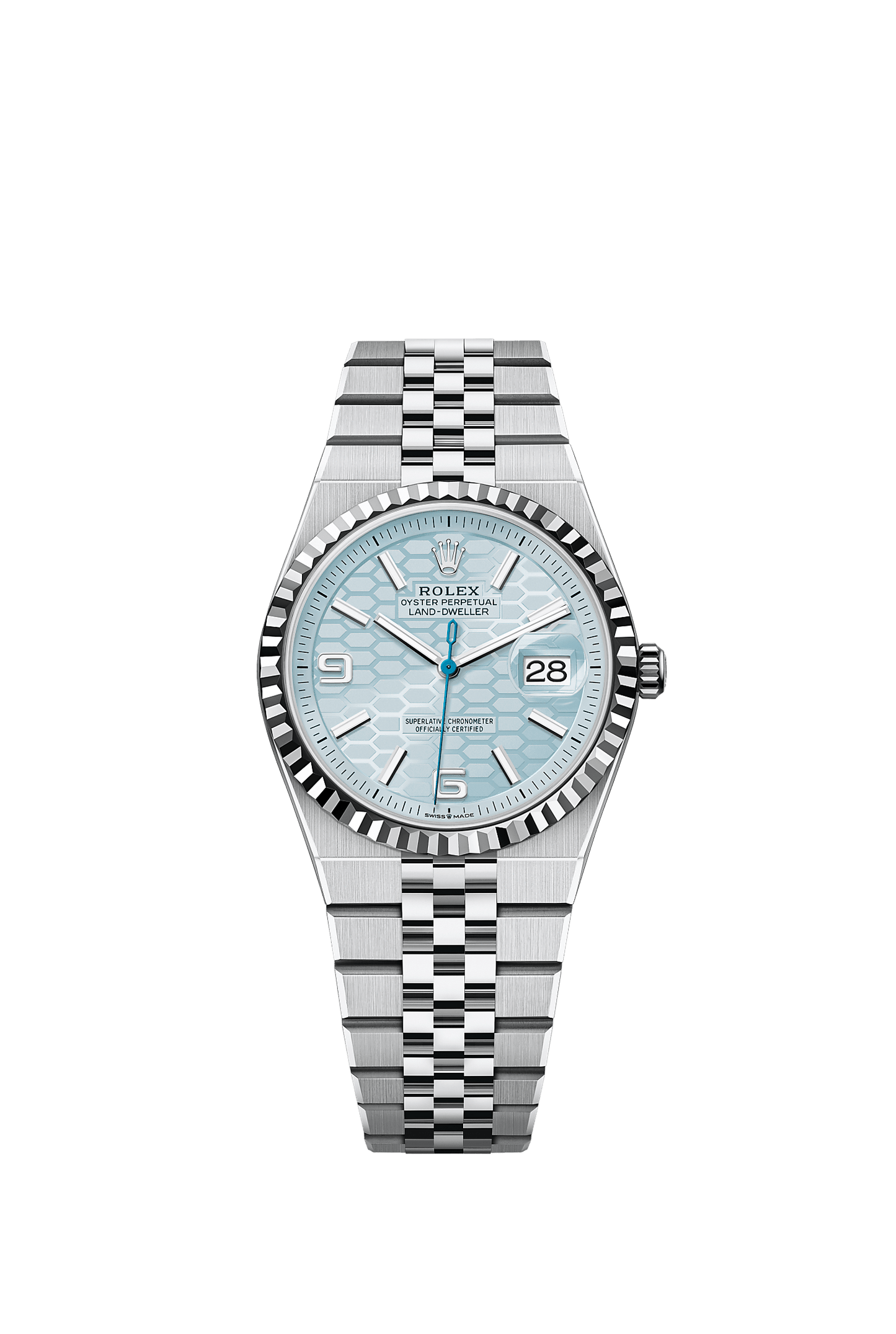 Land-Dweller 36 950 Platinum Ice Blue Dial Honeycomb Motif Flat Jubilee Bracelet 36mm Self-Winding Watch