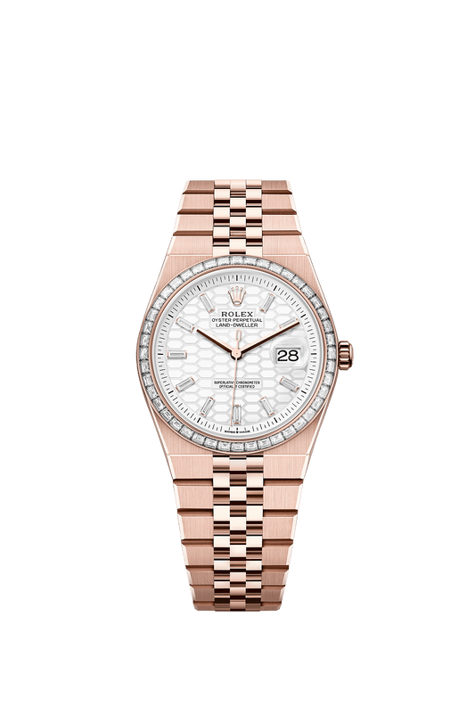 Land-Dweller 36 Oyster Chronometer Watch 36mm 18ct Everose Gold Intense White Diamond Dial Flat Jubilee Bracelet