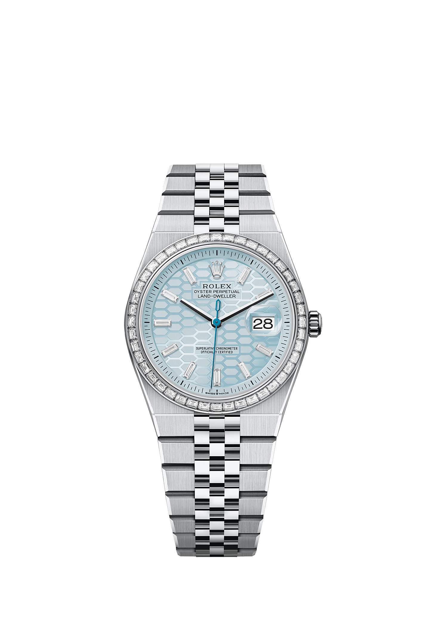 Land-Dweller 36 950 Platinum Ice Blue Honeycomb Diamond Dial Flat Jubilee Bracelet 36mm Self-Winding Watch