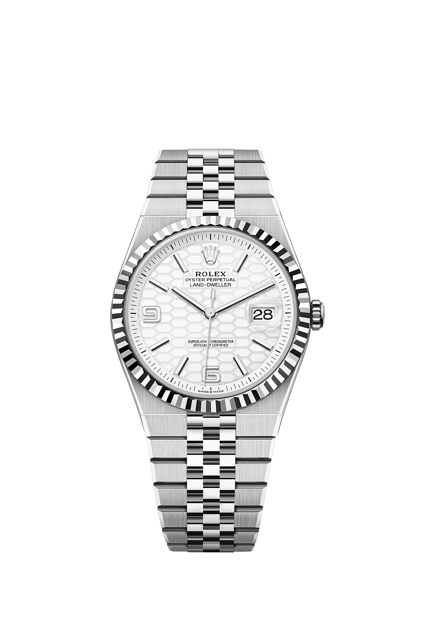 Land-Dweller 40 40mm Oystersteel White Gold Intense White Honeycomb Dial Fluted Bezel Flat Jubilee Bracelet Self-Winding Watch