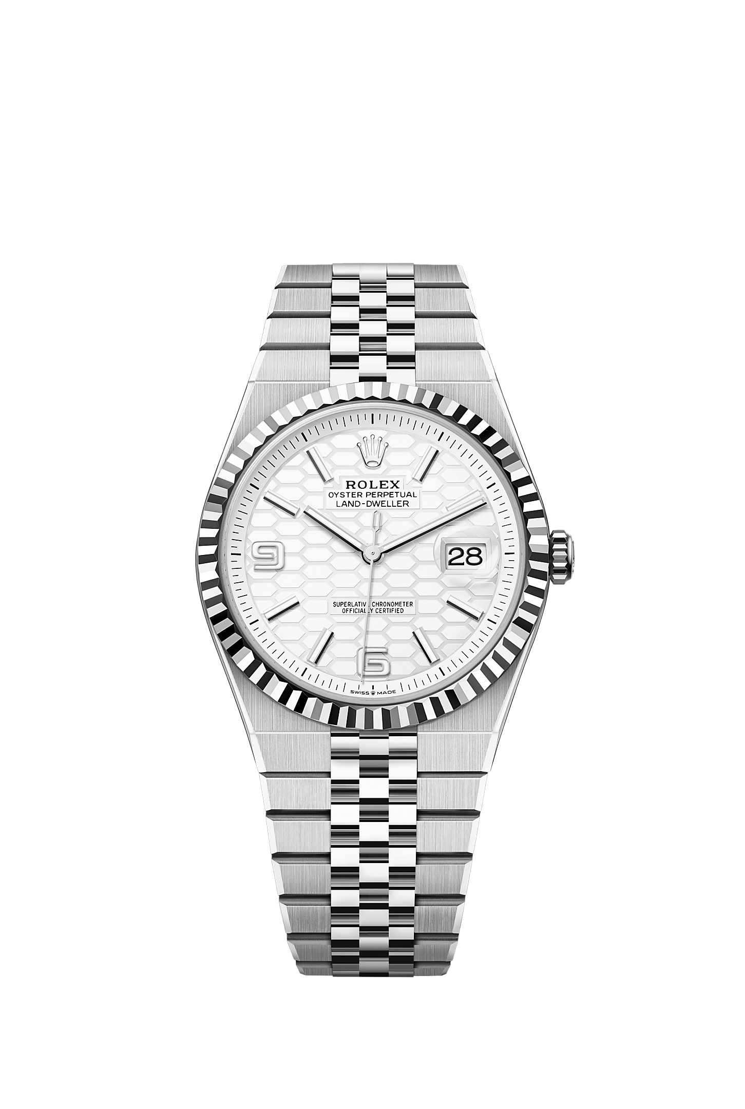 Land-Dweller 40 40mm Oystersteel White Gold Intense White Honeycomb Dial Fluted Bezel Flat Jubilee Bracelet Perpetual Mechanical Watch