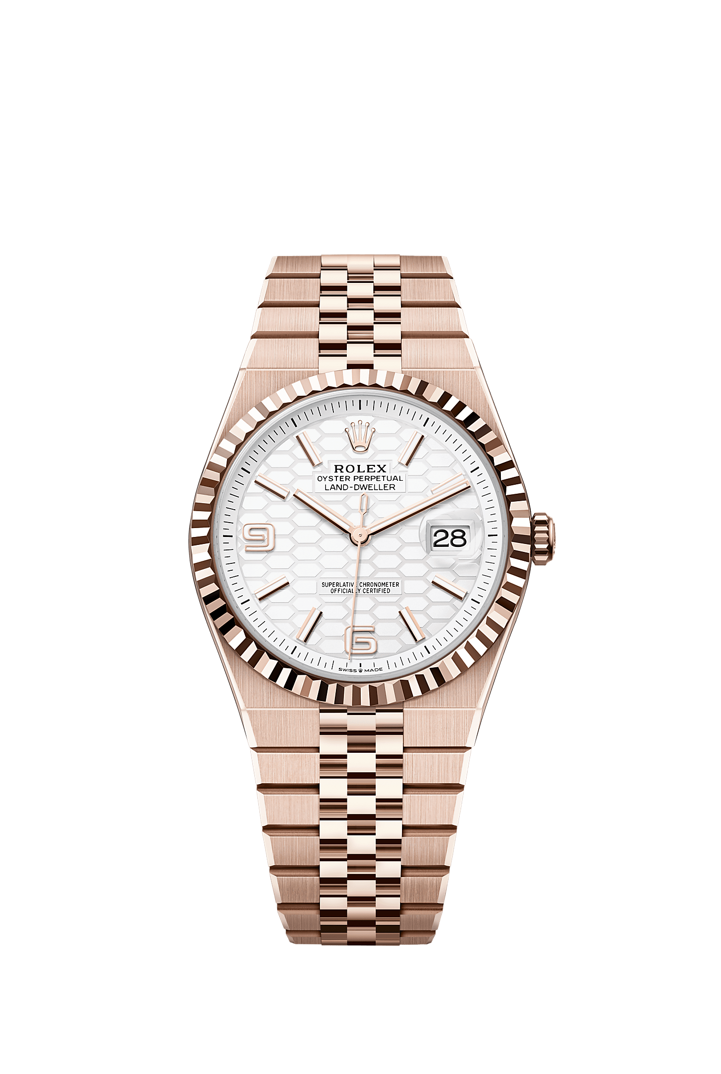 Land-Dweller 40 Oyster Chronometer Watch 40mm 18ct Everose Gold Intense White Honeycomb Dial Flat Jubilee Bracelet