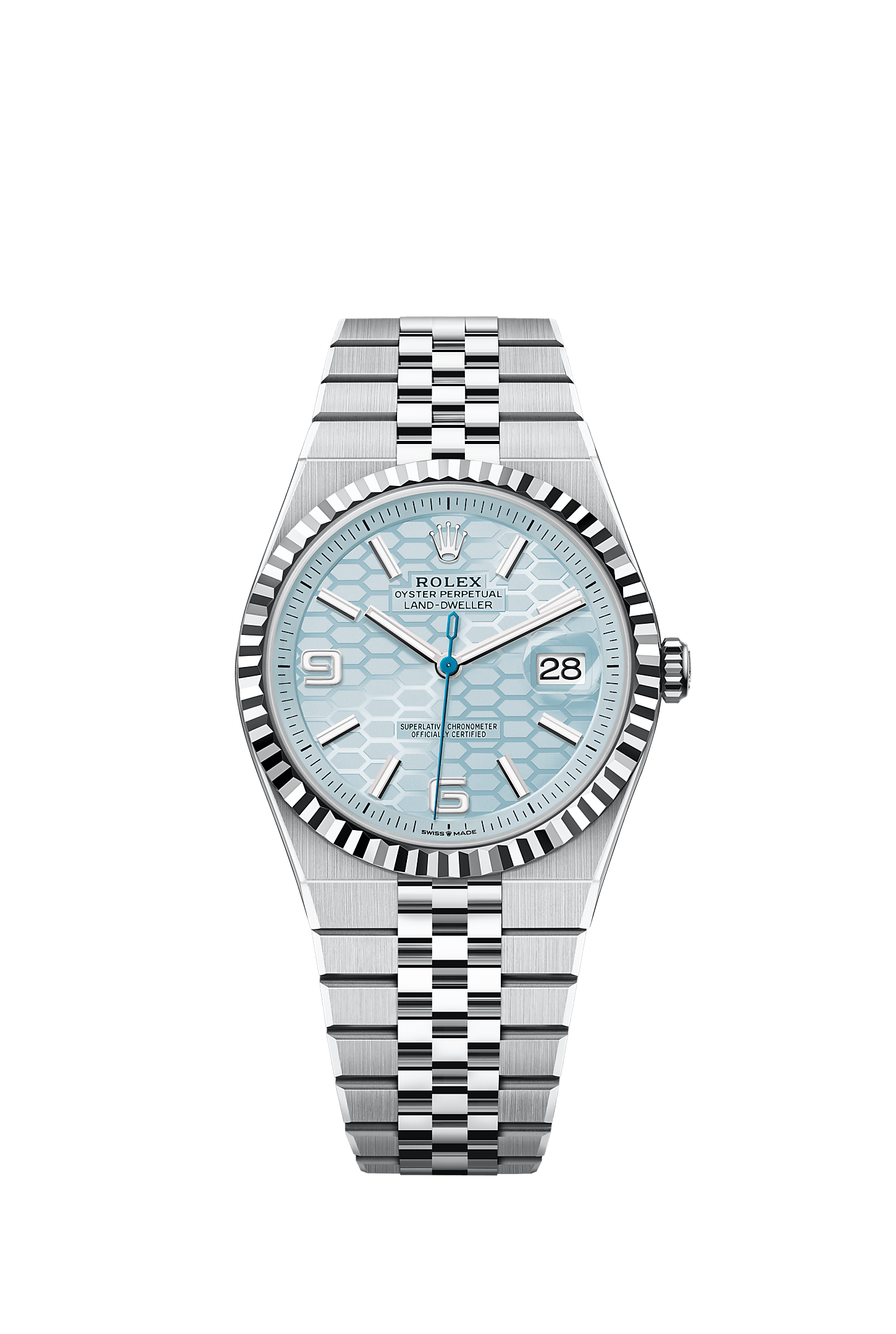 Land-Dweller 40 40mm Platinum Ice Blue Honeycomb Dial Fluted Bezel Flat Jubilee Bracelet Self-Winding Watch