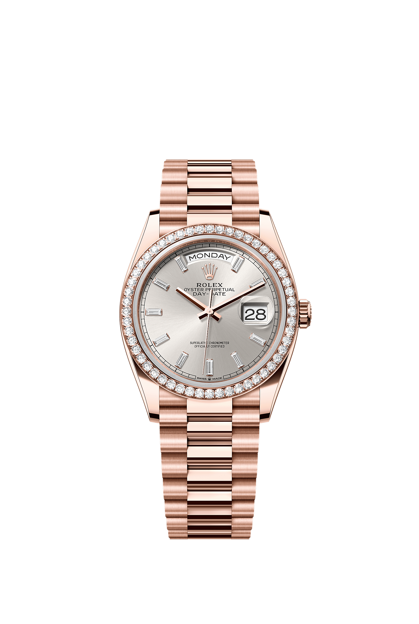 Day-Date 36 Oyster Perpetual Chronometer Watch 36mm 18ct Everose Gold Silver Diamond Dial President Bracelet