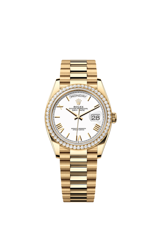 Day-Date 36 Oyster Perpetual Chronometer Watch 36mm 18ct Yellow Gold White Dial Diamond Bezel President Bracelet