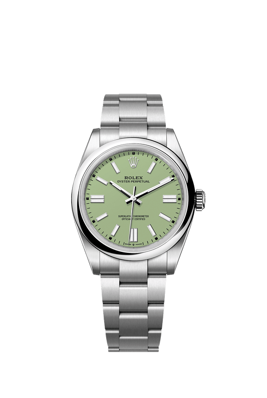 ساعة Oyster Perpetual 41 بقطر 41 مم من فولاذ Oystersteel، ميناء بلون الفستق، إطار أملس، وسوار Oyster، ذاتية التعبئة
