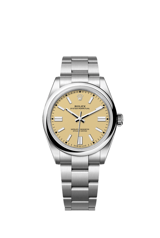 ساعة Oyster Perpetual 41 بقطر 41 مم من فولاذ Oystersteel، ميناء بلون بيج، إطار مقبب، وسوار Oyster، ذاتية التعبئة