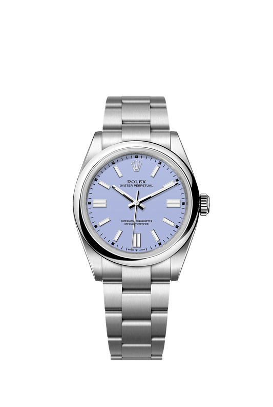 ساعة Oyster Perpetual 41 بقطر 41 مم من فولاذ Oystersteel، ميناء بلون لافندر، إطار أملس، سوار Oyster، حركة ذاتية التعبئة