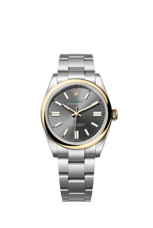 ساعة Oyster Perpetual 41 بقطر 41 مم من فولاذ Oystersteel والذهب الأصفر، مع ميناء بلون رمادي (Slate) وسوار Oyster، تعمل بحركة ذاتية التعبئة