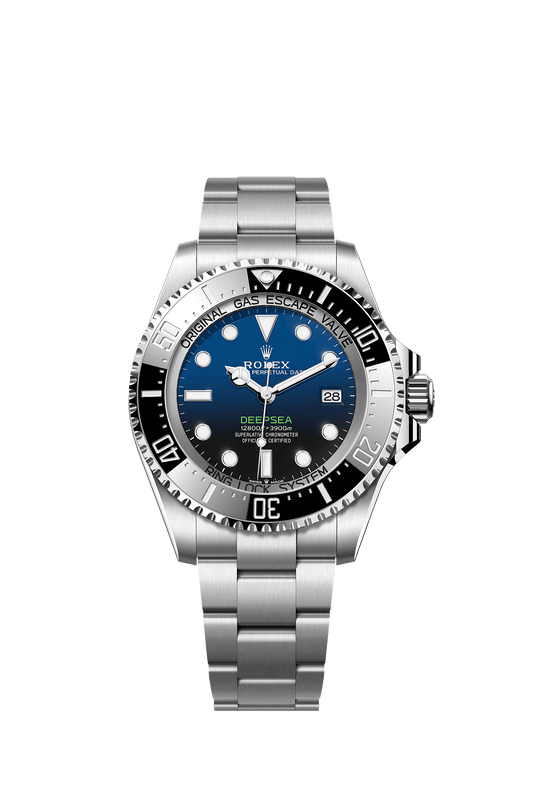 ساعة Deepsea مقاس 44 مم من فولاذ Oystersteel، بميناء متدرج اللون D-Blue وسوار Oyster، ذاتية التعبئة