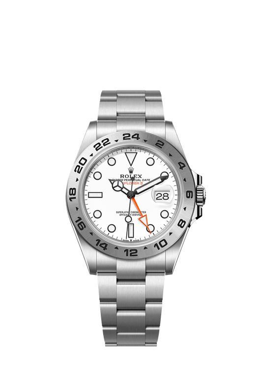 ساعة Explorer II بقطر 42 مم من فولاذ Oystersteel، ميناء أبيض، عقرب 24 ساعة برتقالي، سوار Oyster، حركة ذاتية التعبئة