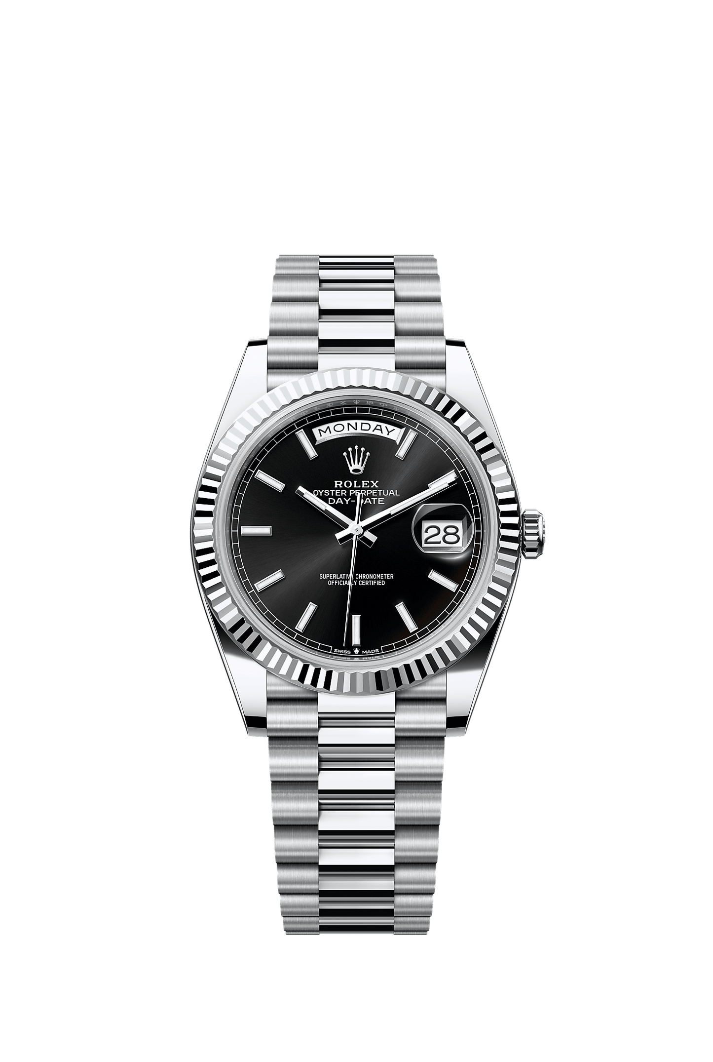Day-Date 40 40mm 950 Platinum Bright Black Sunray Dial Fluted Bezel President Bracelet Self-Winding Watch