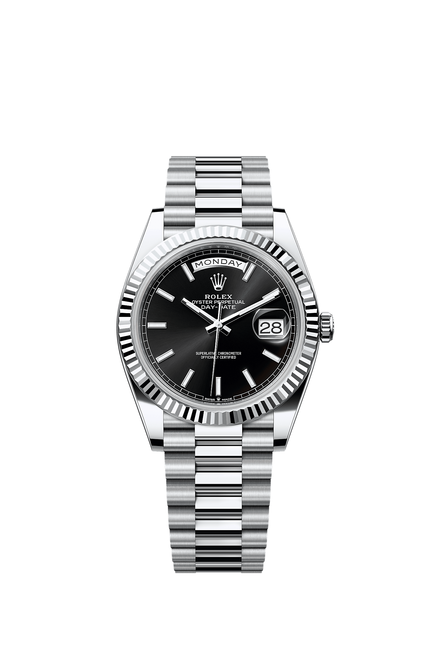 Day-Date 40 40mm 950 Platinum Bright Black Sunray Dial Fluted Bezel President Bracelet Self-Winding Watch