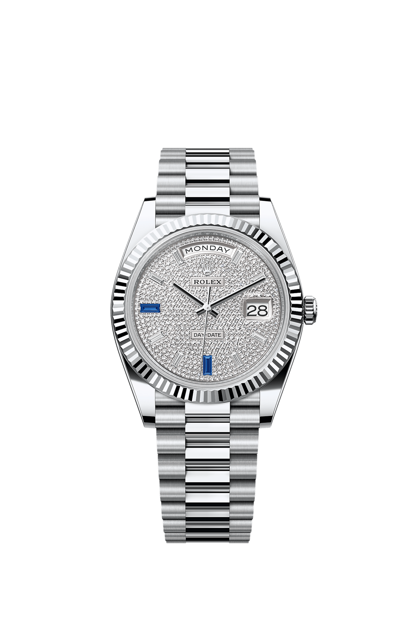Day-Date 40 40mm 950 Platinum Diamond Sapphire Paved Dial Fluted Bezel President Bracelet Self-Winding Watch