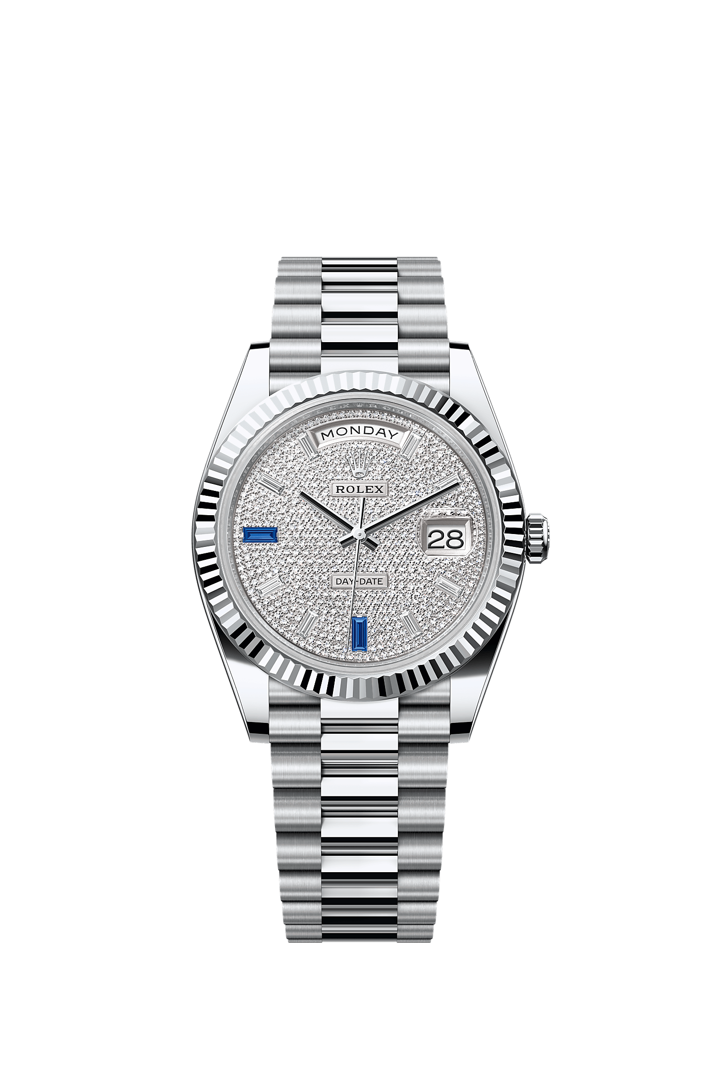 Day-Date 40 40mm 950 Platinum Diamond Sapphire Paved Dial Fluted Bezel President Bracelet Self-Winding Watch