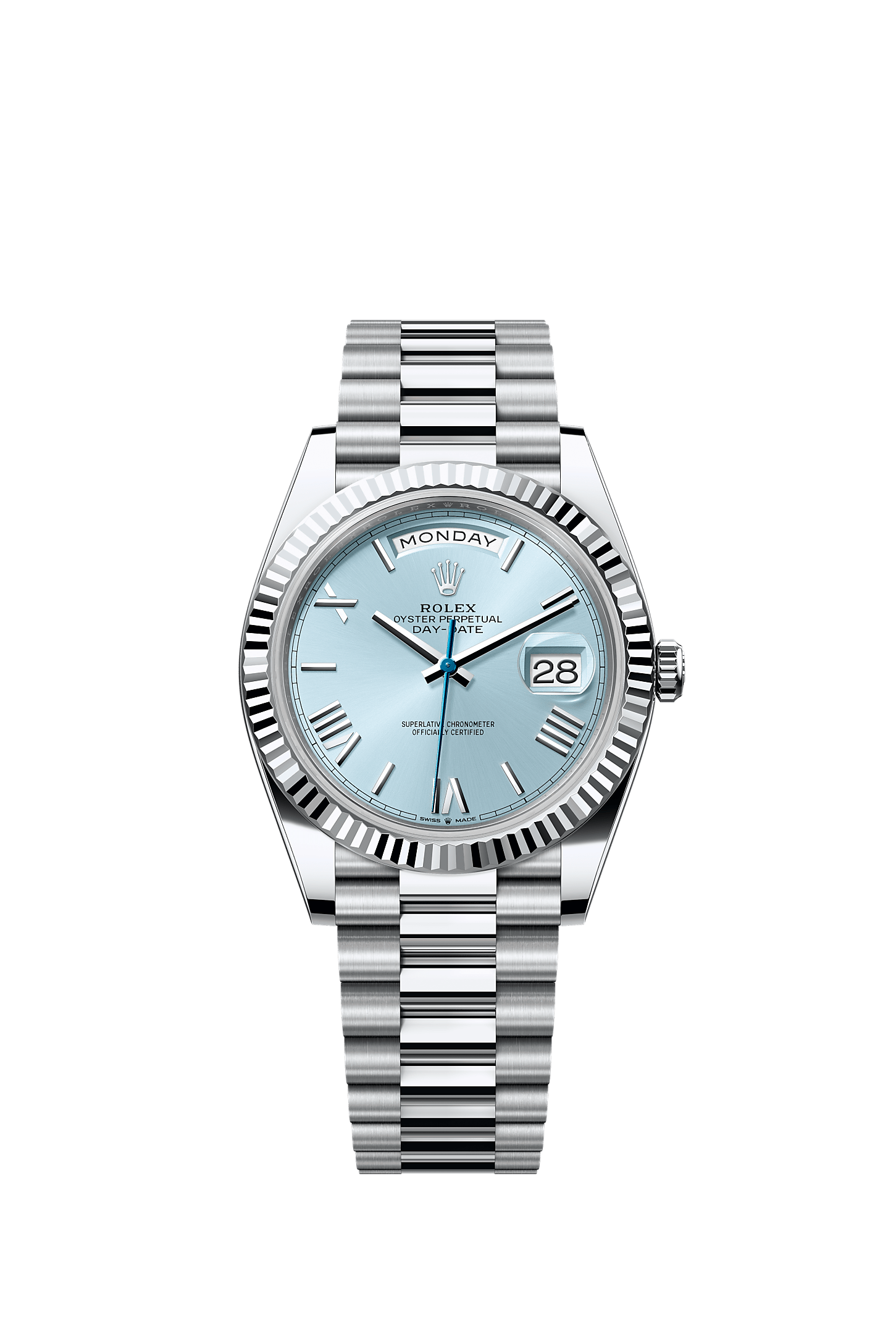 Day-Date 40 40mm 950 Platinum Ice Blue Dial Fluted Bezel President Bracelet Perpetual Mechanical Watch