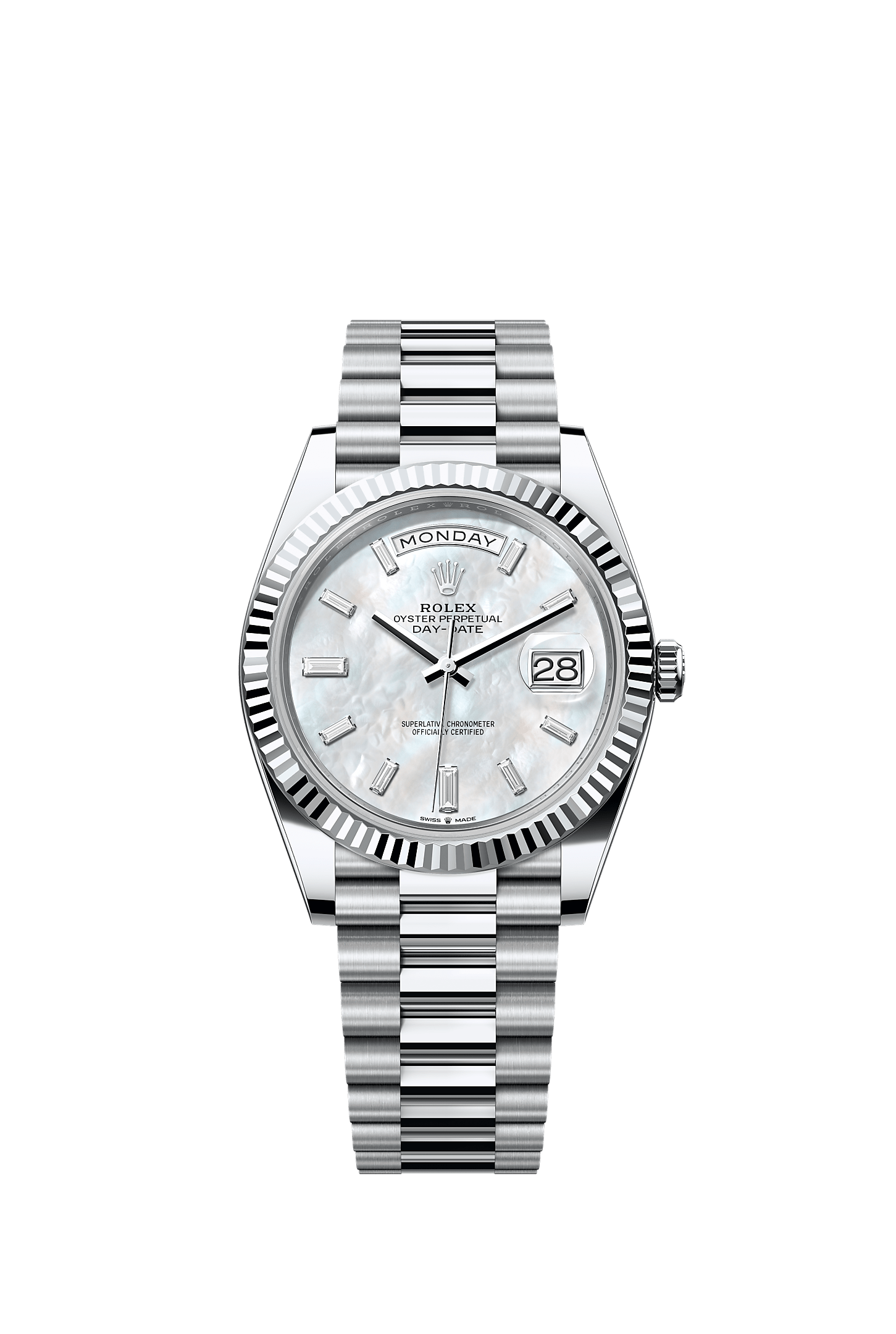 Day-Date 40 40mm 950 Platinum White Mother-Of-Pearl Diamond Dial Fluted Bezel President Bracelet Self-Winding Watch