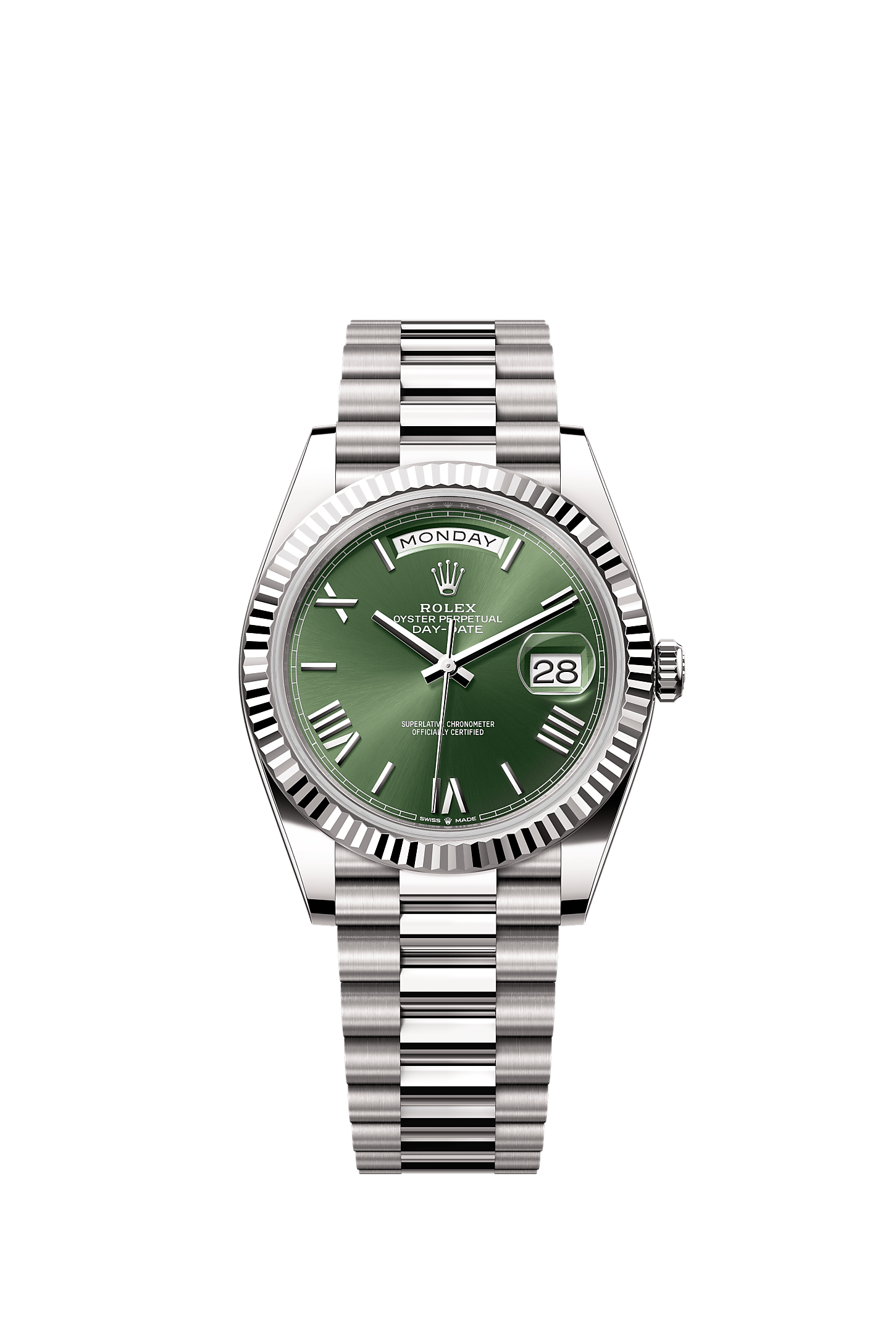 Day-Date 40 Oyster Perpetual Chronometer Watch 40mm 18ct White Gold Olive Green Dial President Bracelet