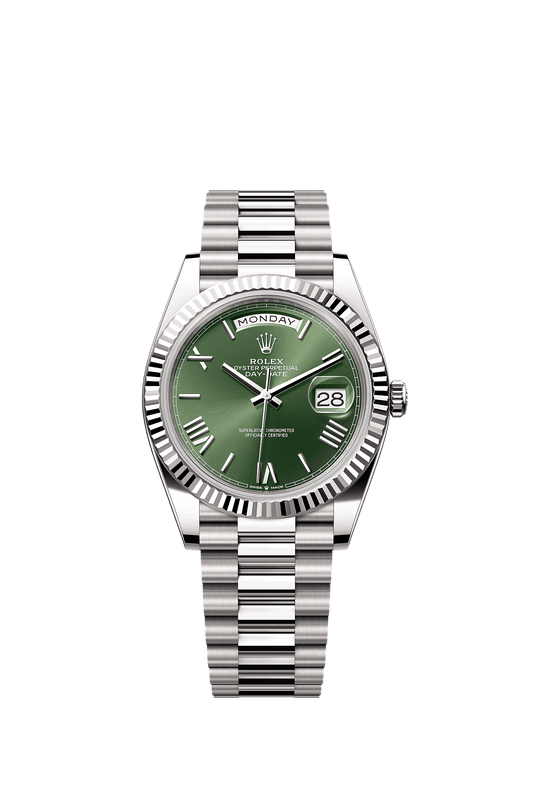 Day-Date 40 Oyster Perpetual Chronometer Watch 40mm 18ct White Gold Olive Green Dial President Bracelet