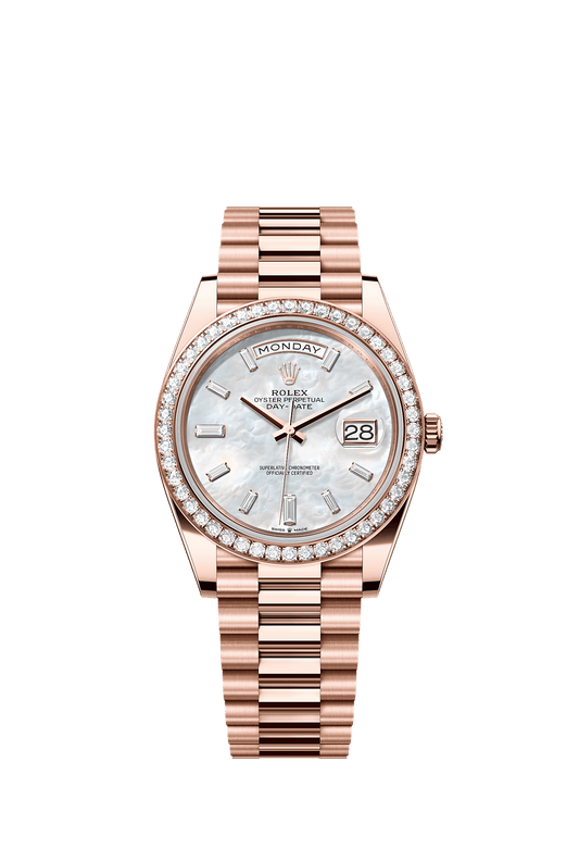 Day-Date 40 Oyster Perpetual Chronometer Watch 40mm 18ct Everose Gold White Mother-Of-Pearl Diamond Dial President Bracelet