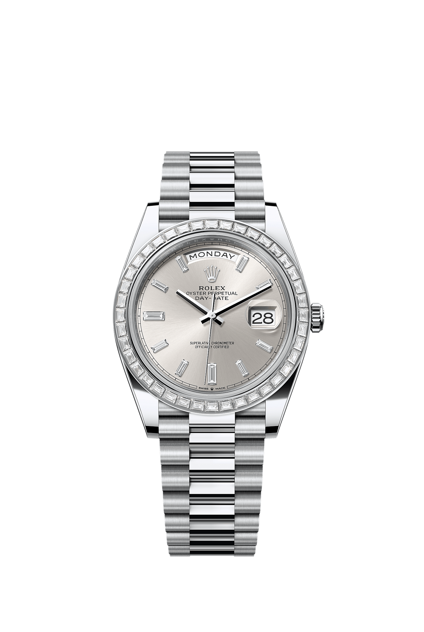 Day-Date 40 40mm Platinum Diamond-Set Bezel Silver Diamond Dial President Bracelet Perpetual Mechanical Watch