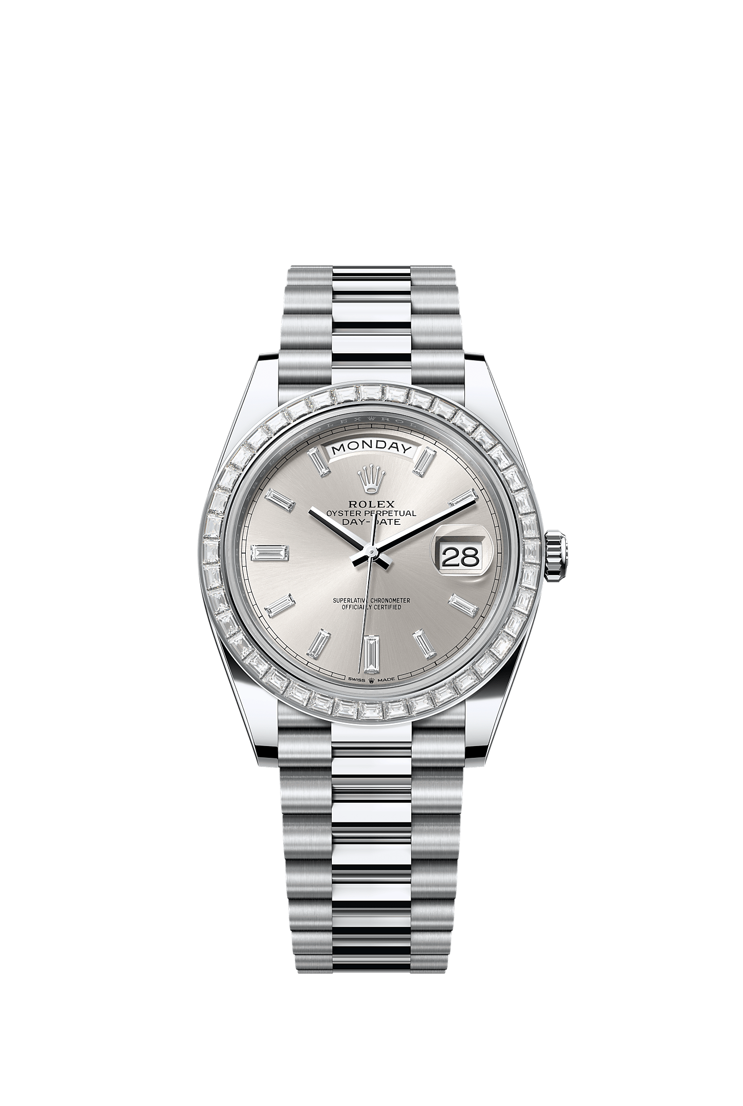 Day-Date 40 40mm Platinum Diamond-Set Bezel Silver Diamond Dial President Bracelet Perpetual Mechanical Watch