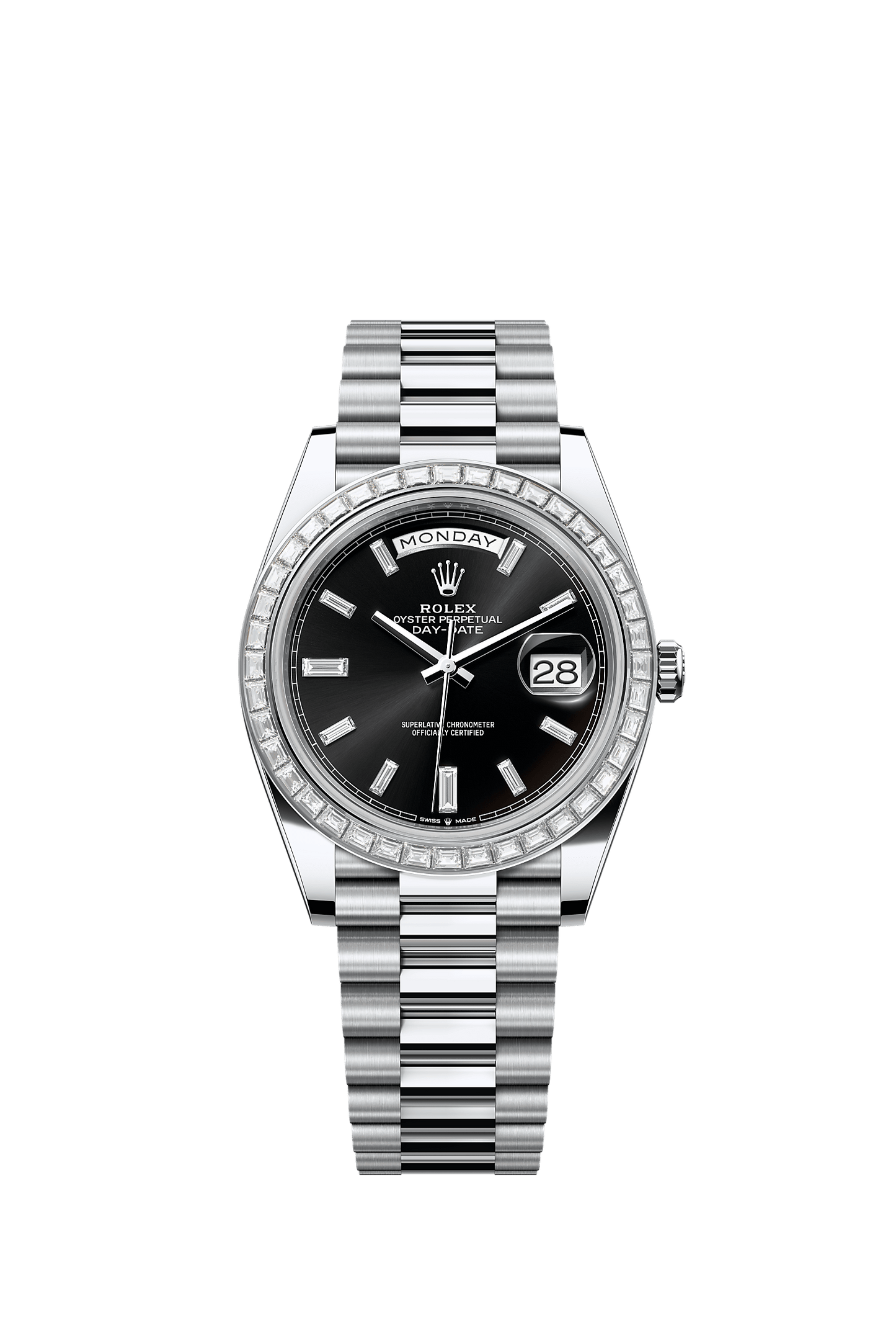 Day-Date 40 40mm 950 Platinum Bright Black Diamond Dial Diamond Bezel President Bracelet Self-Winding Watch